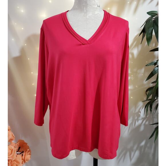 Talbots NWT Womens Pleated V-Neck 3/4 Sleeve Top Plus Size 2X Hot Pink Stretch - Picture 1 of 9